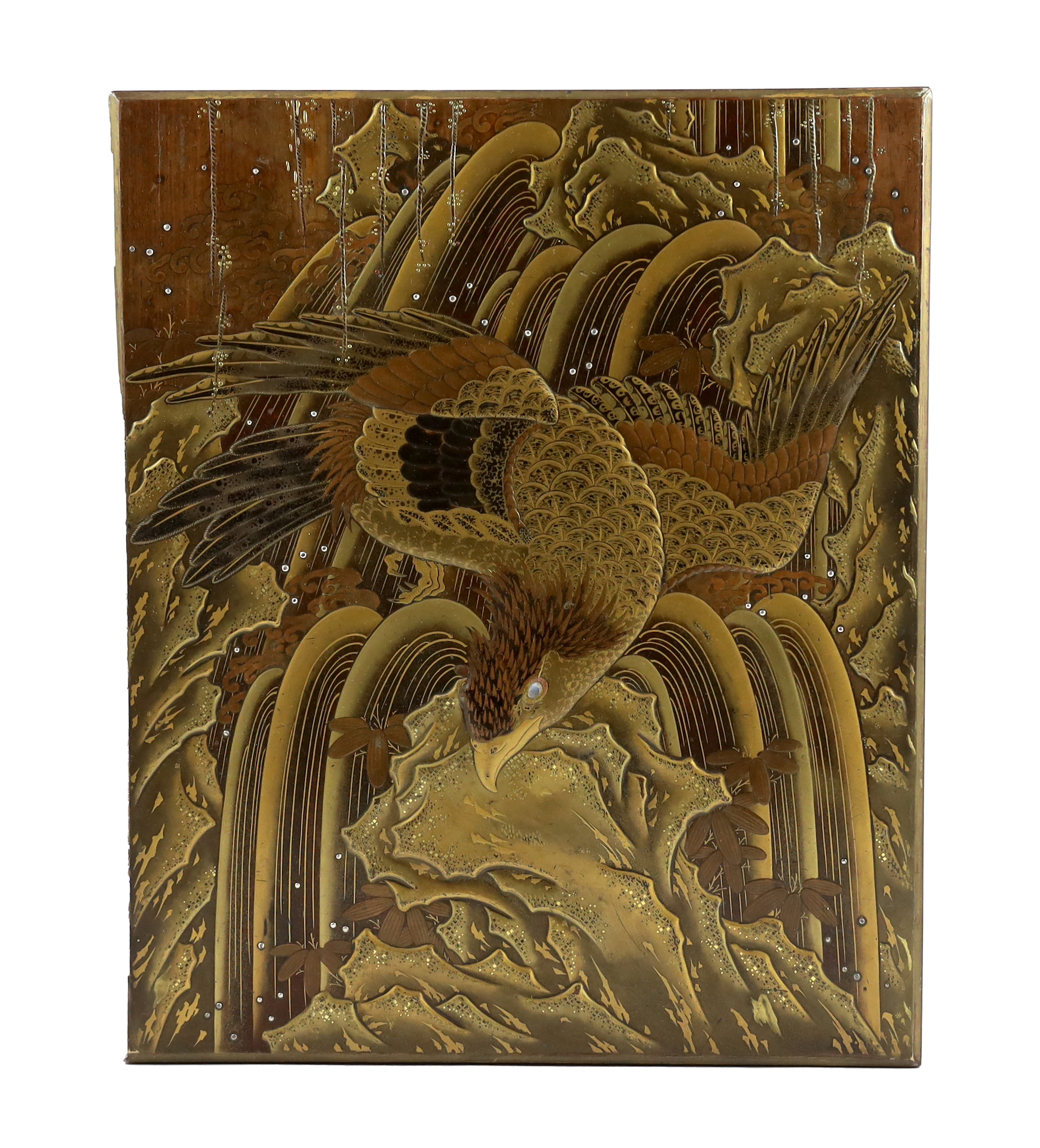 A Japanese lacquer ‘eagle and waterfall’ casket, Meiji period